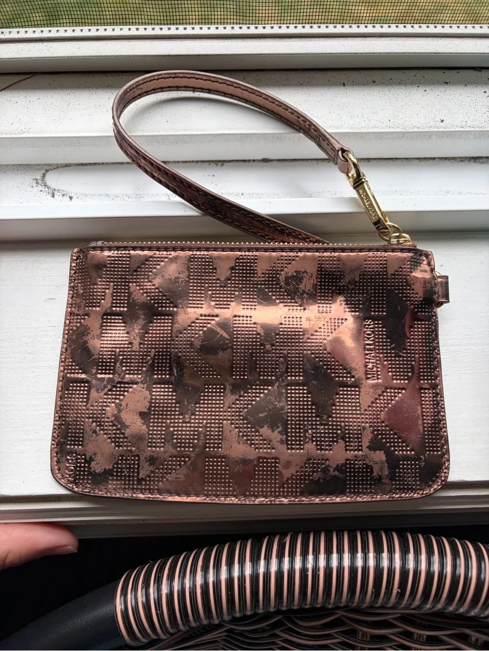 Michael Kors Metallic Rose Bronze MK Logo Wristlet Clutch